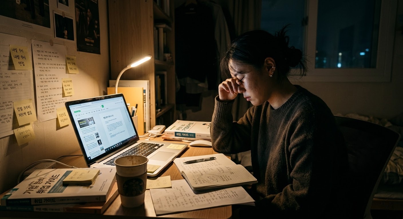 밤늦게 혼자 면접을 준비하며 지쳐있는 취업준비생